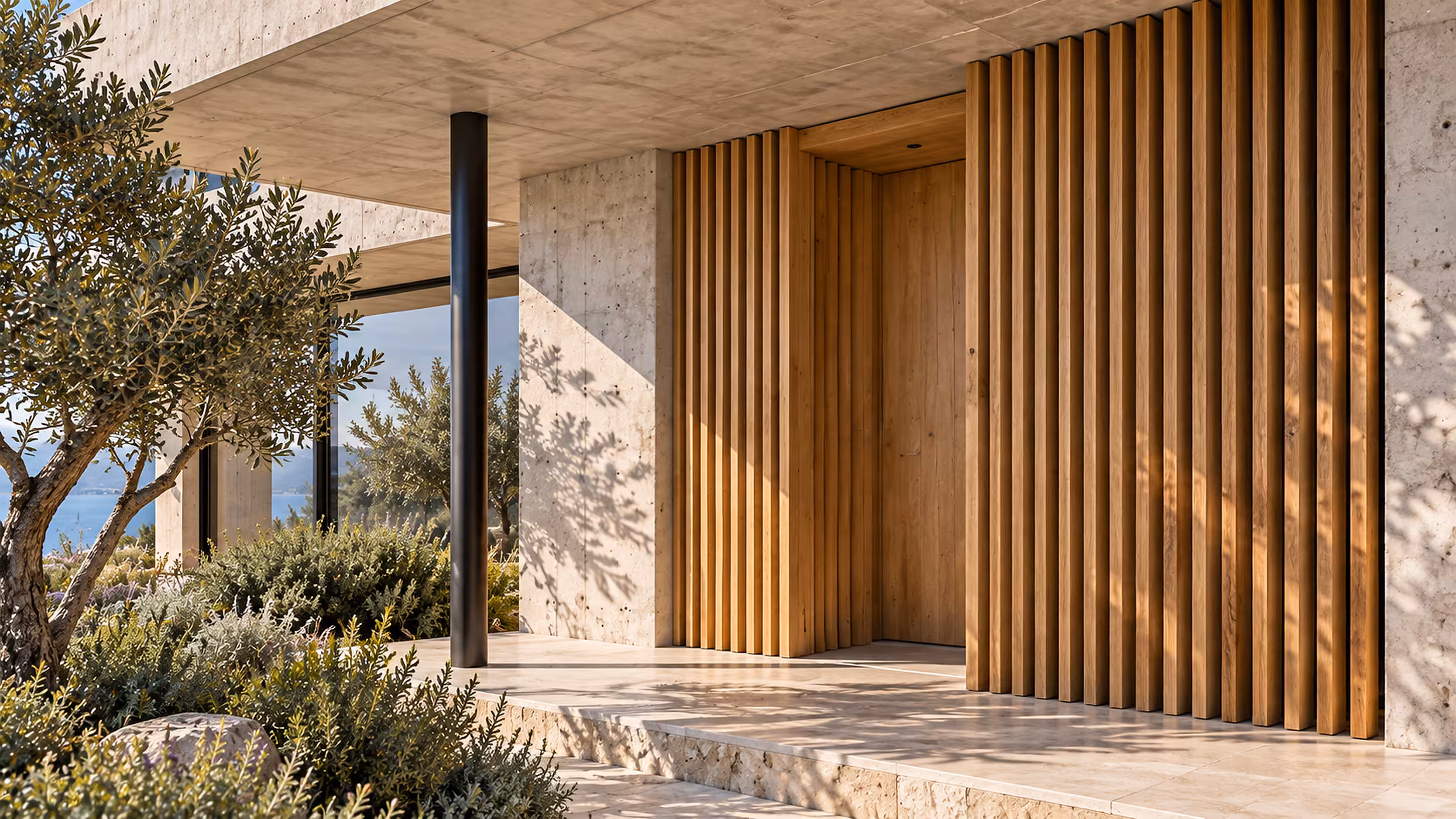 Detail einer Holzfassade mit Beton und Licht